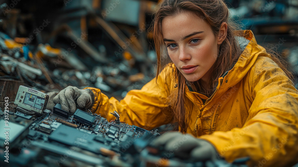 A woman in a yellow jacket disassembling electronics in a junkyard, showing focus and determination A woman in a yellow jacket disassembling electronics in a junkyard, showing focus and determination