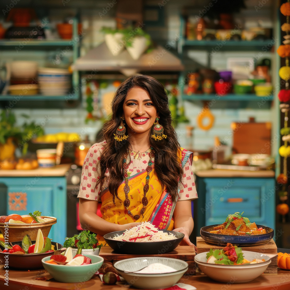 young happy indian woman cooking food at kitchen young happy indian woman cooking food at kitchen
