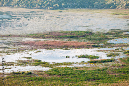 Canvas-taulu top view of the beautiful Skadar Lake, revealing the intricate patterns of the marshland and the wild beauty of the surrounding countryside