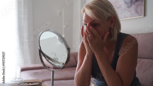  A senior woman carefully looking at her hair in a mirror while sitting in her living room, reflecting on self-care and aging