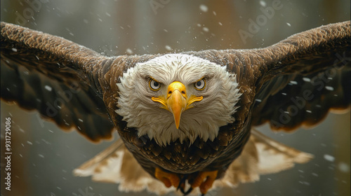 Close-up of a majestic bald eagle with an intense stare, feathers detailed and realistic