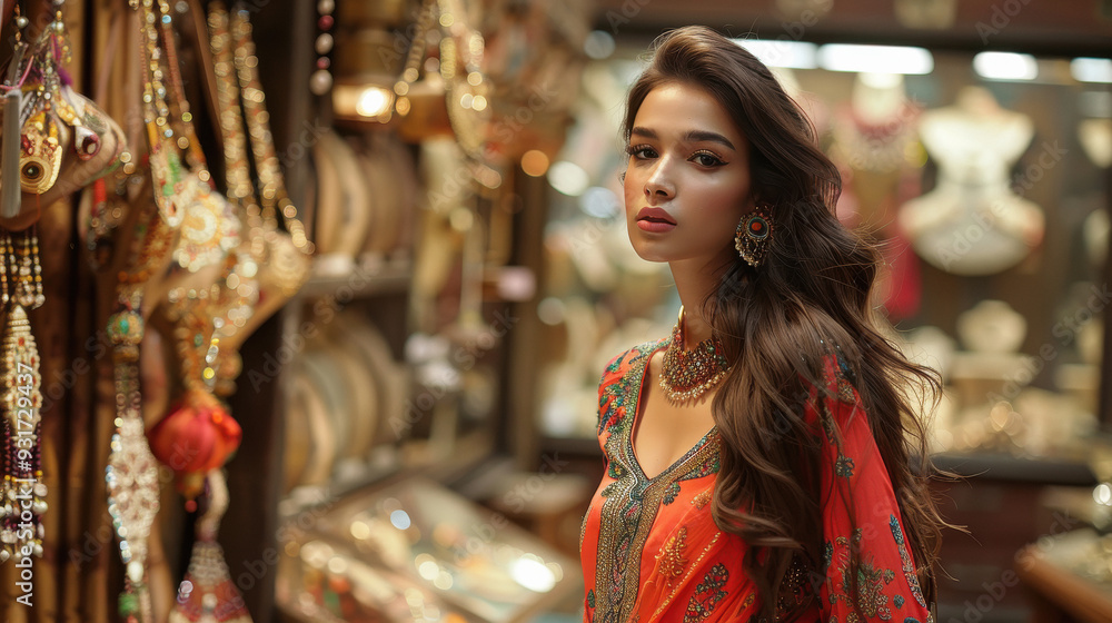 young indian woman standing at jewelry shop young indian woman standing at jewelry shop