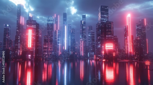 The skyline showcases towering buildings illuminated by vibrant neon lights, creating a dramatic atmosphere as dusk settles over the futuristic city