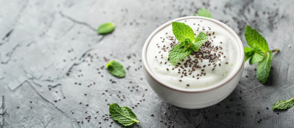 Chia pudding with mint leaves in a white bowl set against a gray background A nutritious breakfast features yogurt and chia seeds Copy space Chia pudding with mint leaves in a white bowl set against a gray background A nutritious breakfast features yogurt and chia seeds Copy space