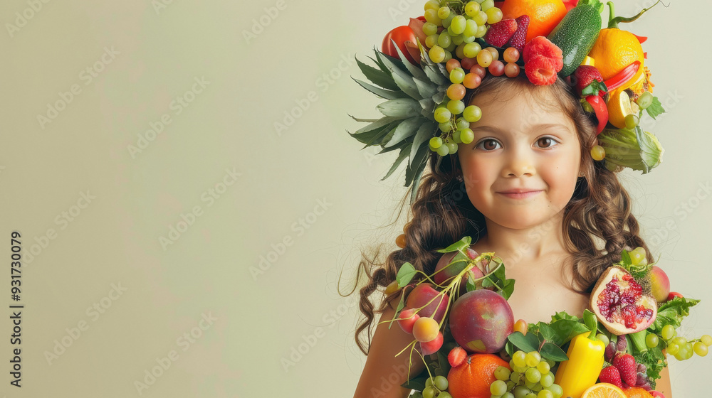 Little girl in dress made of vegetables and fruits Little girl in dress made of vegetables and fruits