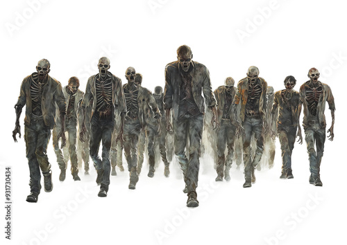 zombie group of different sizes and styles walking in the same direction isolated on transparent background