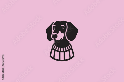 Cute dachshund dog in a sweater. logo, icon, emblem, pictogram. On a pink background