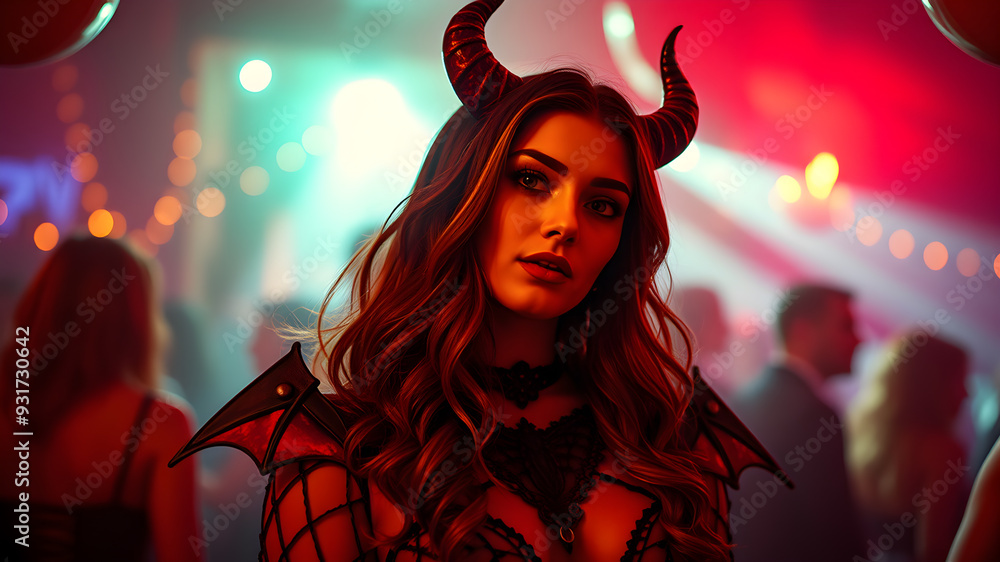 Fototapeta premium Young beautiful woman dressed in devil costume at Halloween party. Generative AI