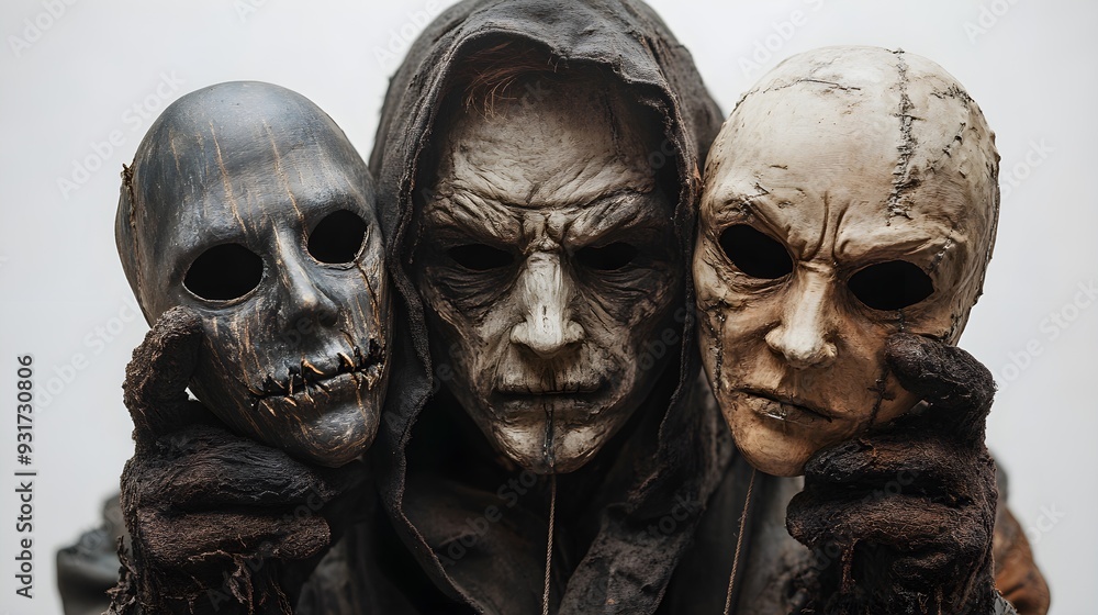 Cursed puppeteer controlling eerie Halloween masks, dark gothic style, hyper-detailed, isolated on white background Cursed puppeteer controlling eerie Halloween masks, dark gothic style, hyper-detailed, isolated on white background