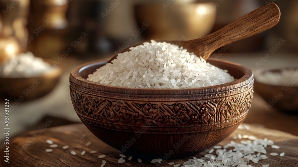 Rustic Wooden Bowl Filled with Uncooked White Rice on Textured Surface Rustic Wooden Bowl Filled with Uncooked White Rice on Textured Surface