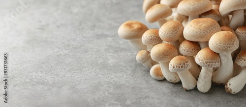Fresh brown and white shimeji mushrooms on a gray backdrop Edible mushrooms cultivated in Asia. with copy space image. Place for adding text or design