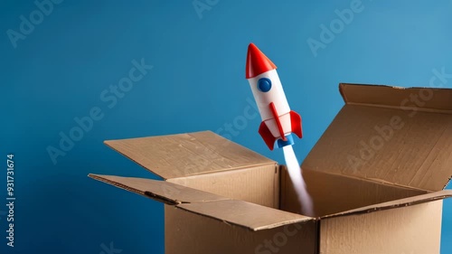 Toy rocket taking off from a cardboard box, startup and delivery concept.