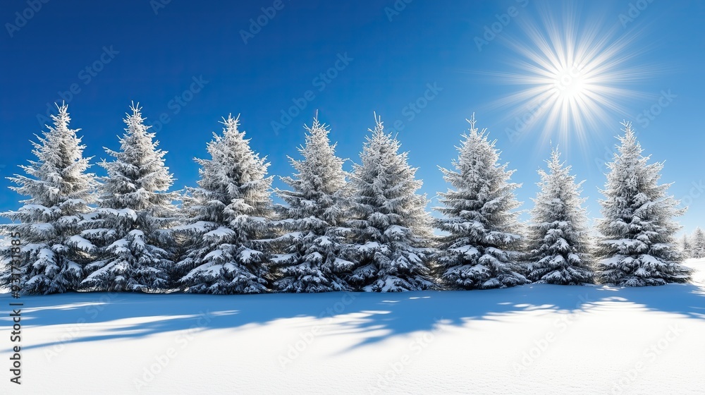 Snowy pine trees stand tall under bright blue sky Snowy pine trees stand tall under bright blue sky