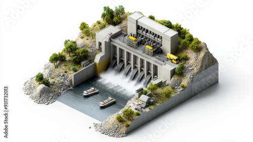 A detailed model of a hydroelectric power plant showcasing water flow and modern design elements amidst lush greenery.