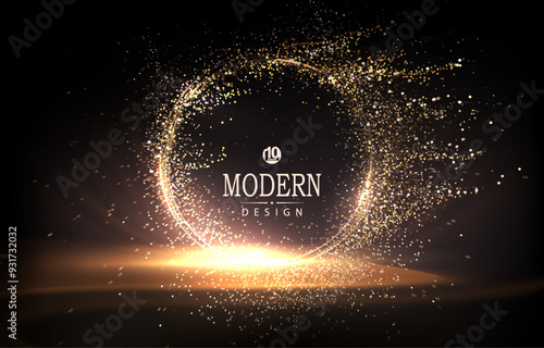 Illustration with round abstract golden frame with tinsel on black background.