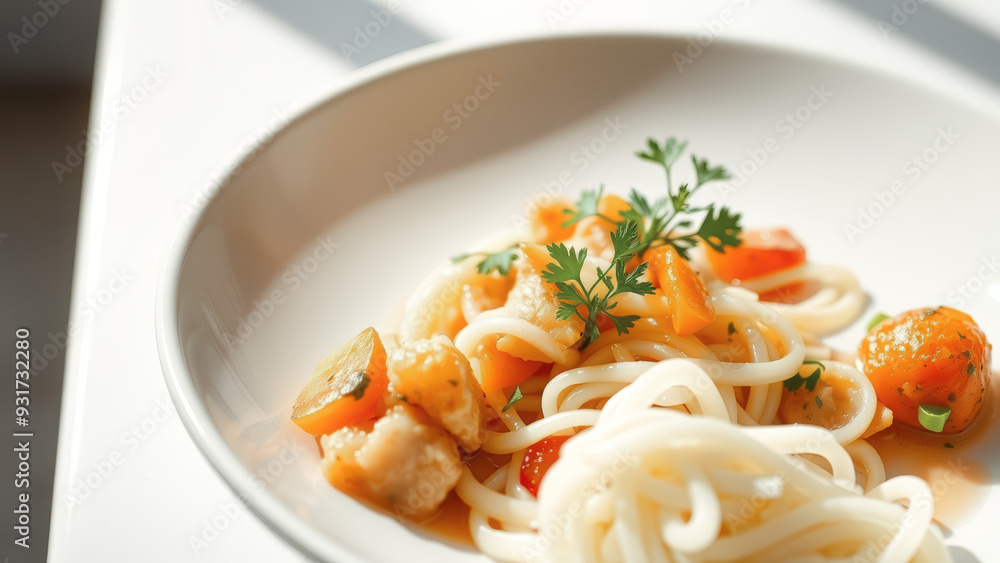 Close-up of a plate of udon noodles with vegetables and a garnish of parsley Close-up of a plate of udon noodles with vegetables and a garnish of parsley