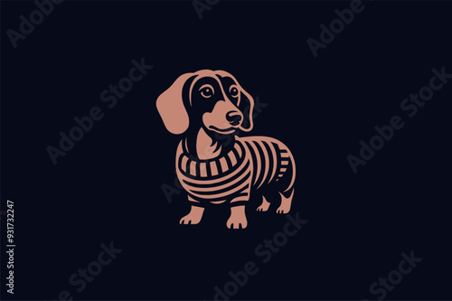 Cute dachshund dog in a sweater. logo, icon, emblem, pictogram. On a black background