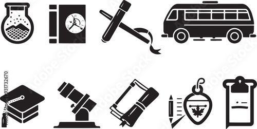 AdA straightforward vector icon set with a bus, microscope, diploma, and teacher 