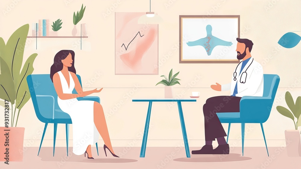 Young woman in a white dress sitting on a blue chair talking to a doctor in a medical coat, flat vector illustration of interior design with decoration elements. AI generated illustration Young woman in a white dress sitting on a blue chair talking to a doctor in a medical coat, flat vector illustration of interior design with decoration elements. AI generated illustration