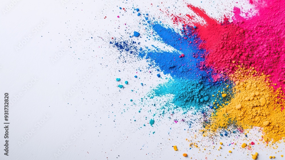 Vibrant colors of blue, yellow, and pink powder explode on white background Vibrant colors of blue, yellow, and pink powder explode on white background