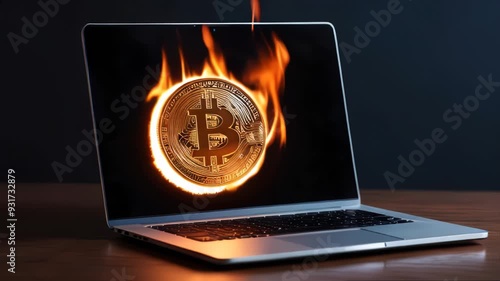 Bitcoin coin burning on laptop screen, technology, business and cryptocurrency concept, dark background.