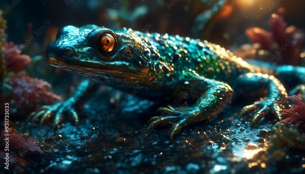 lizard on a stone in a wet forest, animal lizard on a stone in a wet forest, animal