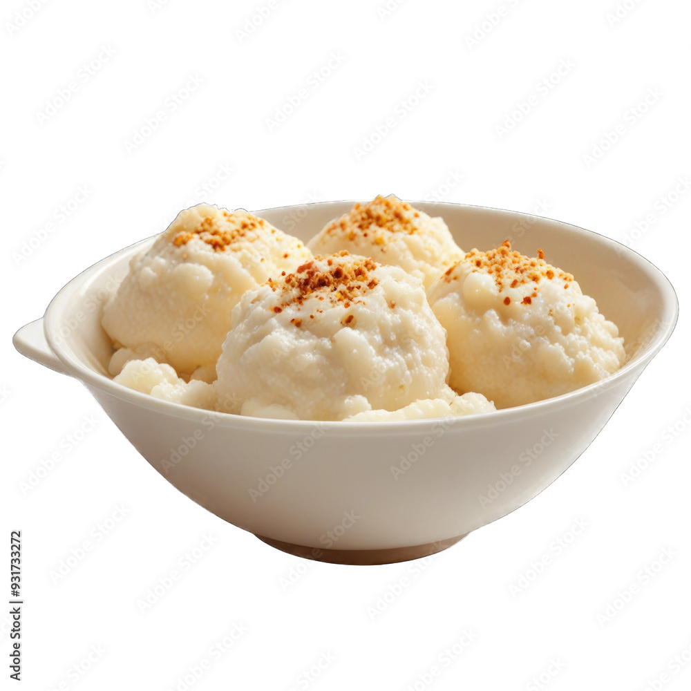 Close-up of Creamy Dessert with Toppings in White Bowl isolated on transparent background Close-up of Creamy Dessert with Toppings in White Bowl isolated on transparent background