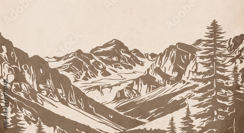 Mountain landscape. Vector graphics. Logo design for use in graphics. T-shirt print, tattoo design. Minimalist illustration for printing on wall decorations. Vintage grunge old .