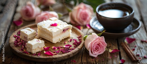 coffee and Turkish delight on a wooden table adorned with dried rose petals. with copy space image. Place for adding text or design