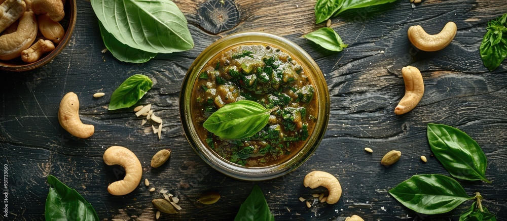 Bowl jar containing green chutney sauce dip made from leaves and cashew nuts. with copy space image. Place for adding text or design Bowl jar containing green chutney sauce dip made from leaves and cashew nuts. with copy space image. Place for adding text or design