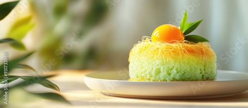 Pandan Cake topped with gol...