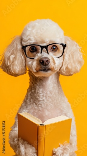 Poodle wearing glasses reading a book against