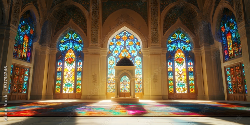 Obraz premium A Stunning View of Stained Glass Windows Illuminating the Interior of a Mosque