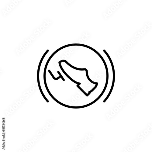 Press break pedal warning icon. Simple outline style. HMI dashboard, brake, car, foot, accelerate, gas, warning, control concept. Thin line symbol. Vector illustration isolated.