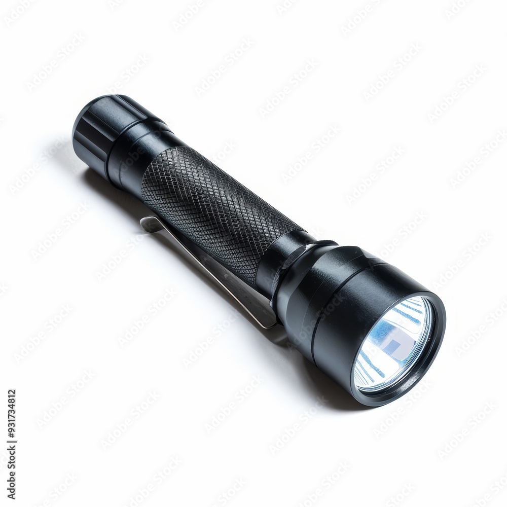 A black flashlight with a textured grip lies on a white background. A black flashlight with a textured grip lies on a white background.
