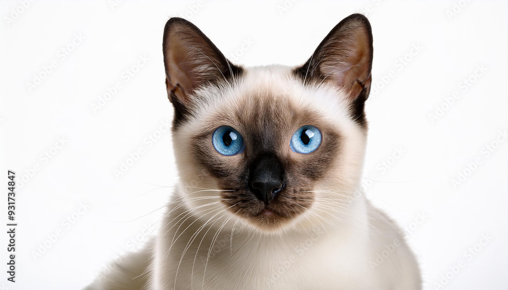 An isolated image of an elegant Siamese cat on a white background, with its sleek body and striking blue eyes, perfect for pet-themed content or feline-related projects. An isolated image of an elegant Siamese cat on a white background, with its sleek body and striking blue eyes, perfect for pet-themed content or feline-related projects.