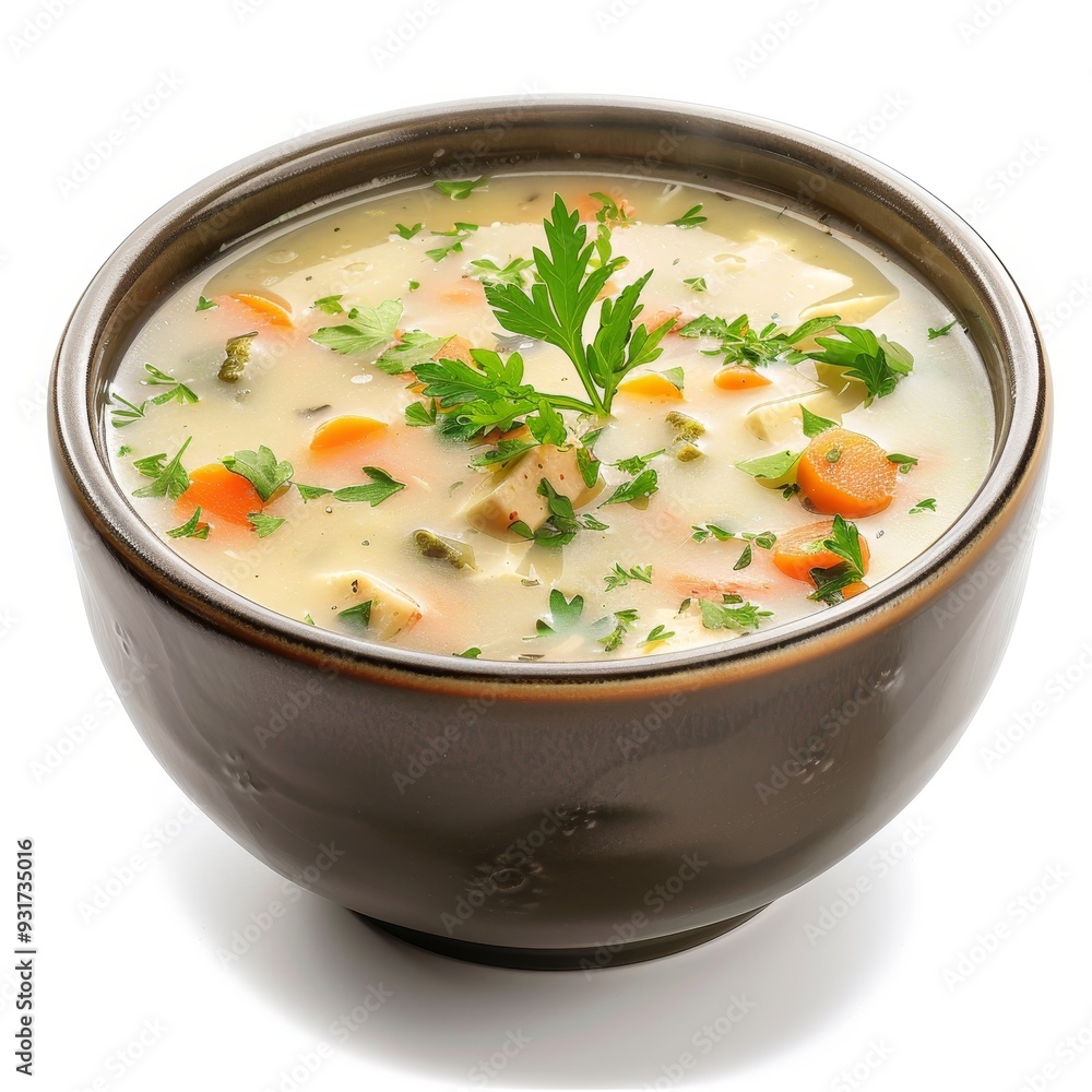 A bowl of creamy soup garnished with parsley, featuring carrots and vegetables. A bowl of creamy soup garnished with parsley, featuring carrots and vegetables.