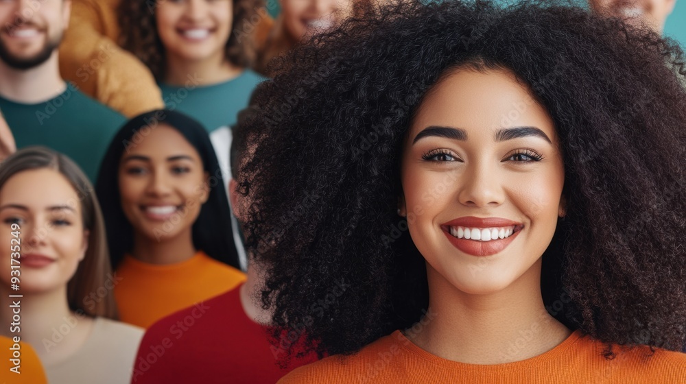 A woman with a big smile in front of many people, AI A woman with a big smile in front of many people, AI
