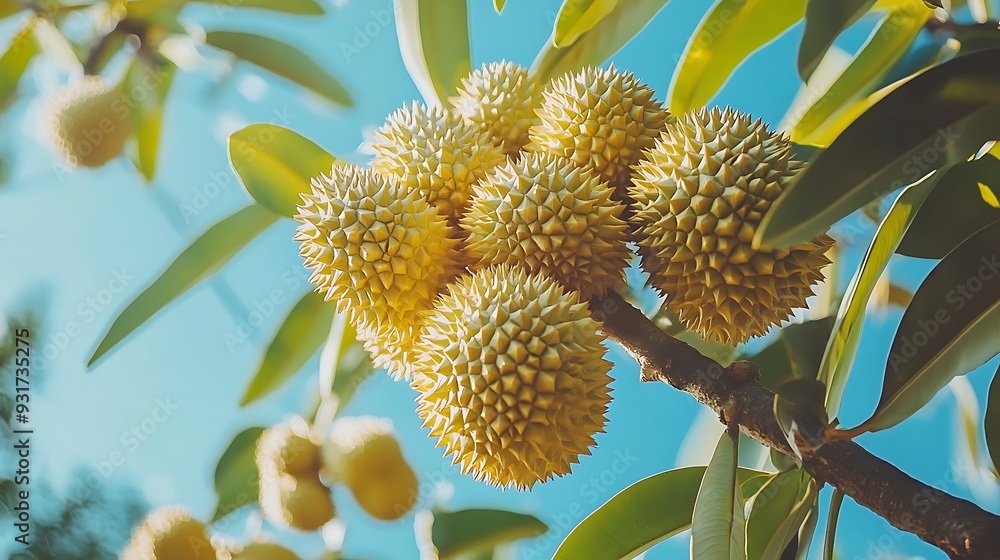 Close-up of ripe durian fruit hanging on a tree branch against a bright blue sky. Close-up of ripe durian fruit hanging on a tree branch against a bright blue sky.