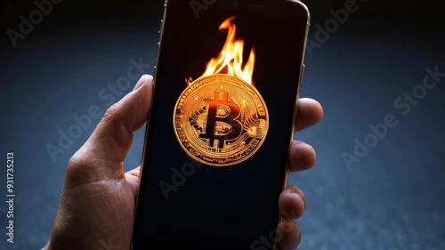 Bitcoin coin burning on cell phone screen, technology, business and cryptocurrency concept, dark background.