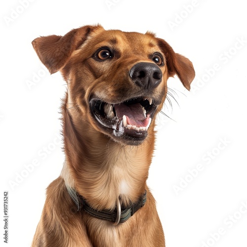 A brown dog with a black collar looks up with a happy expression, tongue slightly out.