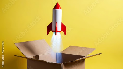 Toy rocket taking off from a cardboard box, startup and delivery concept.