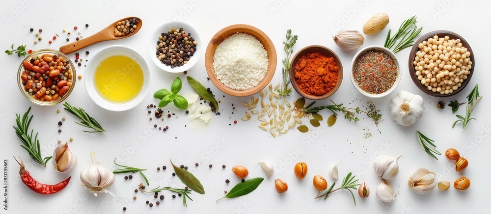 Cooking ingredients for food arranged on a white background from a top view. with copy space image. Place for adding text or design