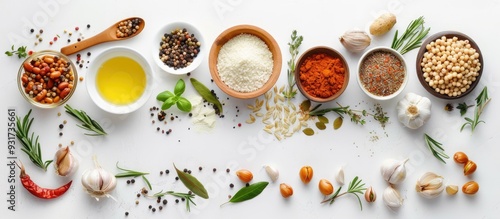 Obraz na płótnie Cooking ingredients for food arranged on a white background from a top view. with copy space image. Place for adding text or design w salonie