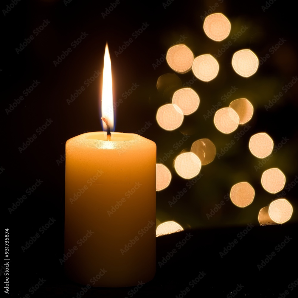 Minimalist christmas candlelight bright candle with silhouetted tree in warm glow Minimalist christmas candlelight bright candle with silhouetted tree in warm glow