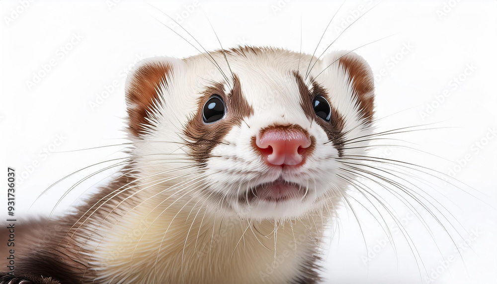 An isolated image of an energetic ferret playing on a white background, with its body stretched out in mid-movement, capturing the lively and playful nature of the animal. An isolated image of an energetic ferret playing on a white background, with its body stretched out in mid-movement, capturing the lively and playful nature of the animal.