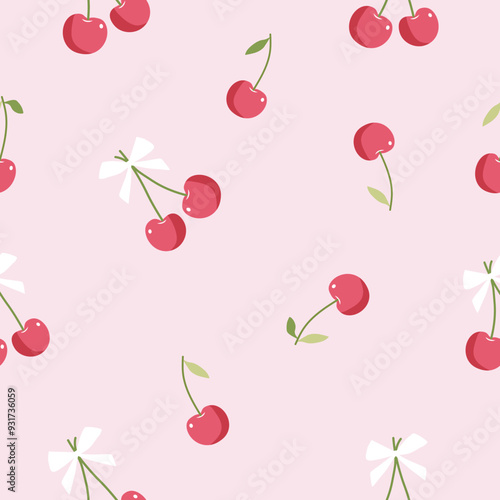 pink cherries with white bows  seamless pattern