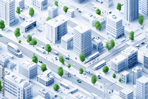 Isometrische Darstellung einer modernen Stadt mit Straßen und Gebäuden