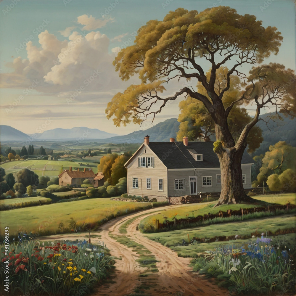 A painting of a landscape with a house A painting of a landscape with a house