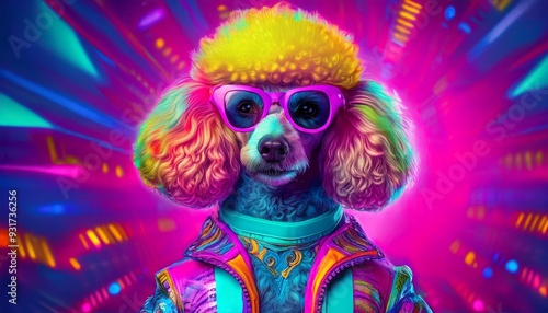 A poodle in bright 80s style with neon colors and shoulder pads.